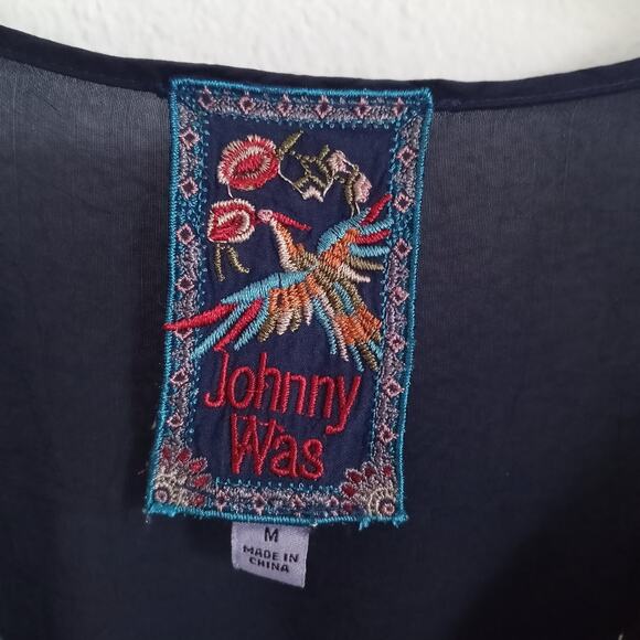 JOHNNY WAS Embroidered Dress Blue Bouquet Floral SZ M Peasant Flutter Empire - Picture 7 of 10